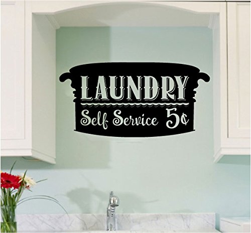 Laundry Self Service with Vintage Wash Tub Vinyl Home Decor Wall Decal