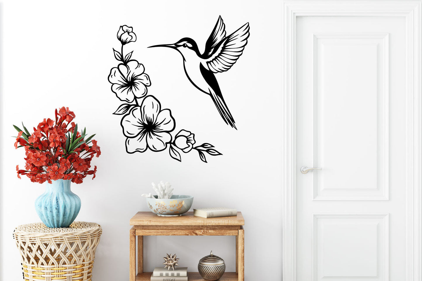 Hummingbird and Tropical Hibiscus Flowers Vinyl Wall Decal