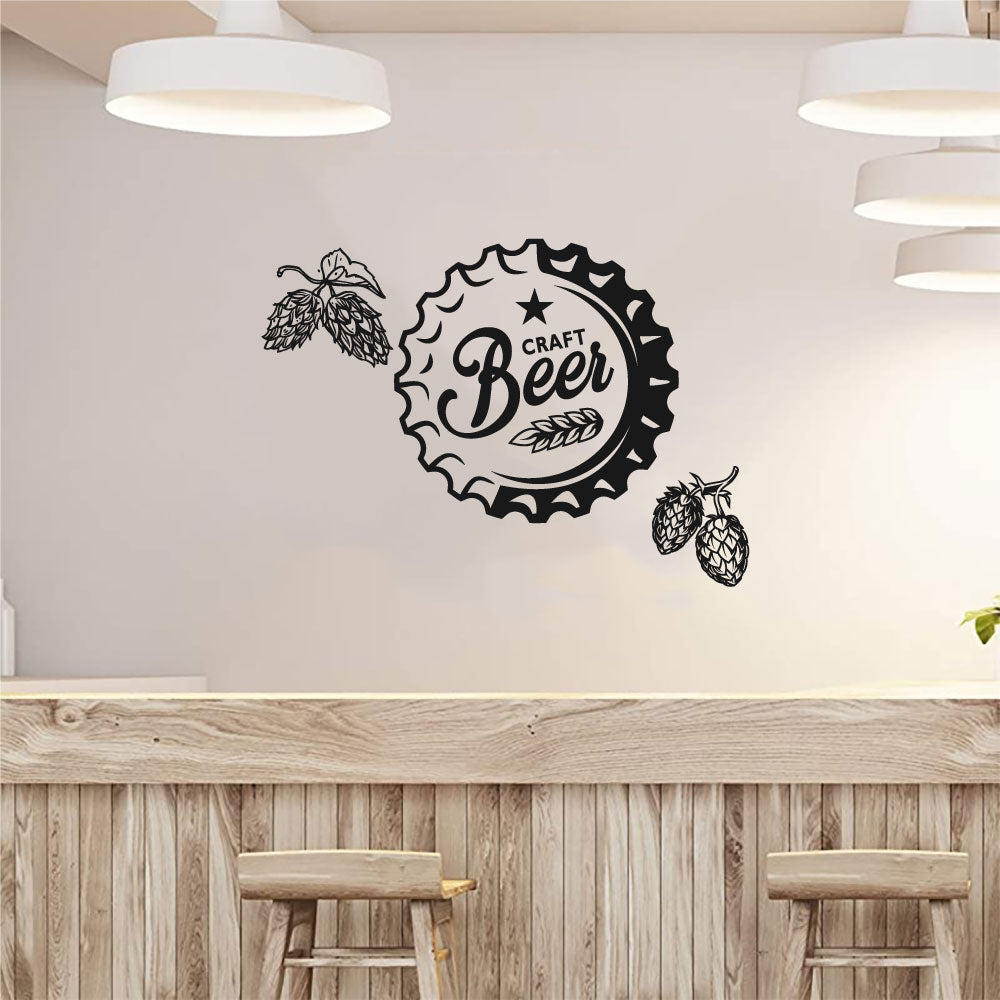 Craft Beer Bottle Cap With Hops and Barley Mancave Bar Vinyl Home Decor Wall Decal Words
