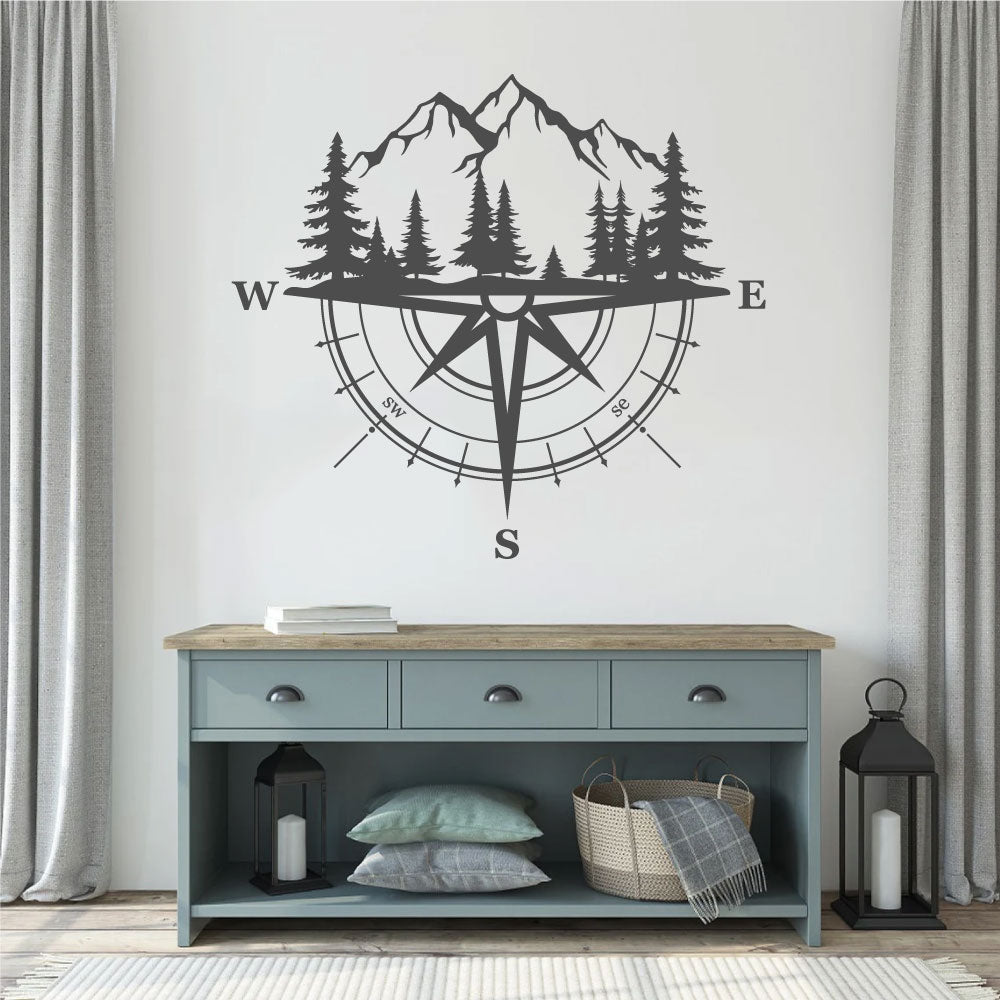 Mountains and Pine Trees Compass Vinyl Wall Decal