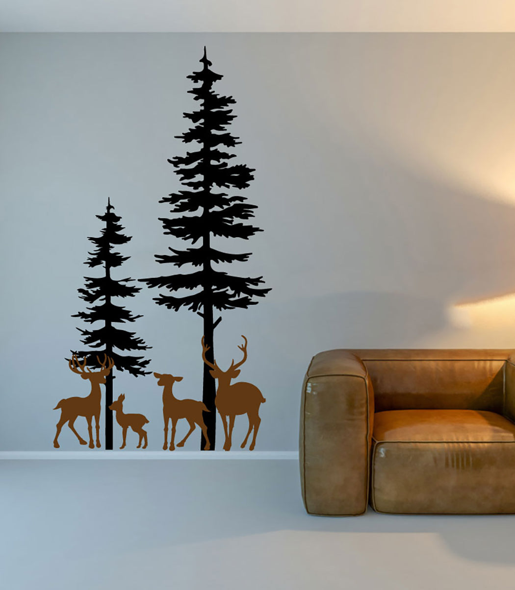 Deer and Spruce Pine Trees Forest Silhouette Vinyl Wall Decal