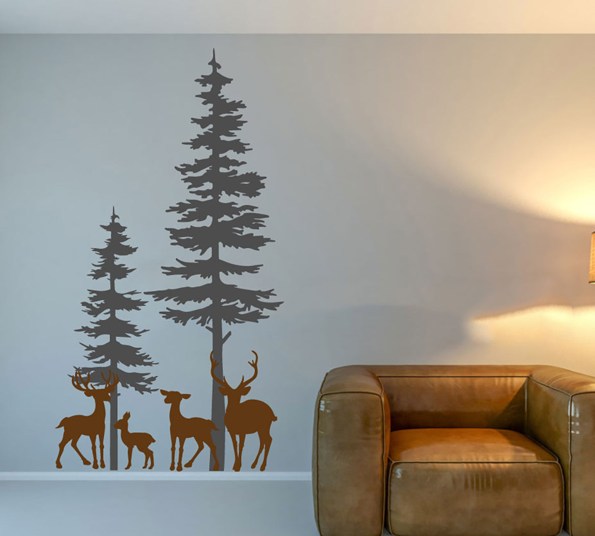 Deer and Spruce Pine Trees Forest Silhouette Vinyl Wall Decal
