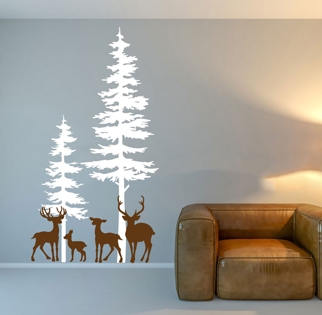 Deer and Spruce Pine Trees Forest Silhouette Vinyl Wall Decal