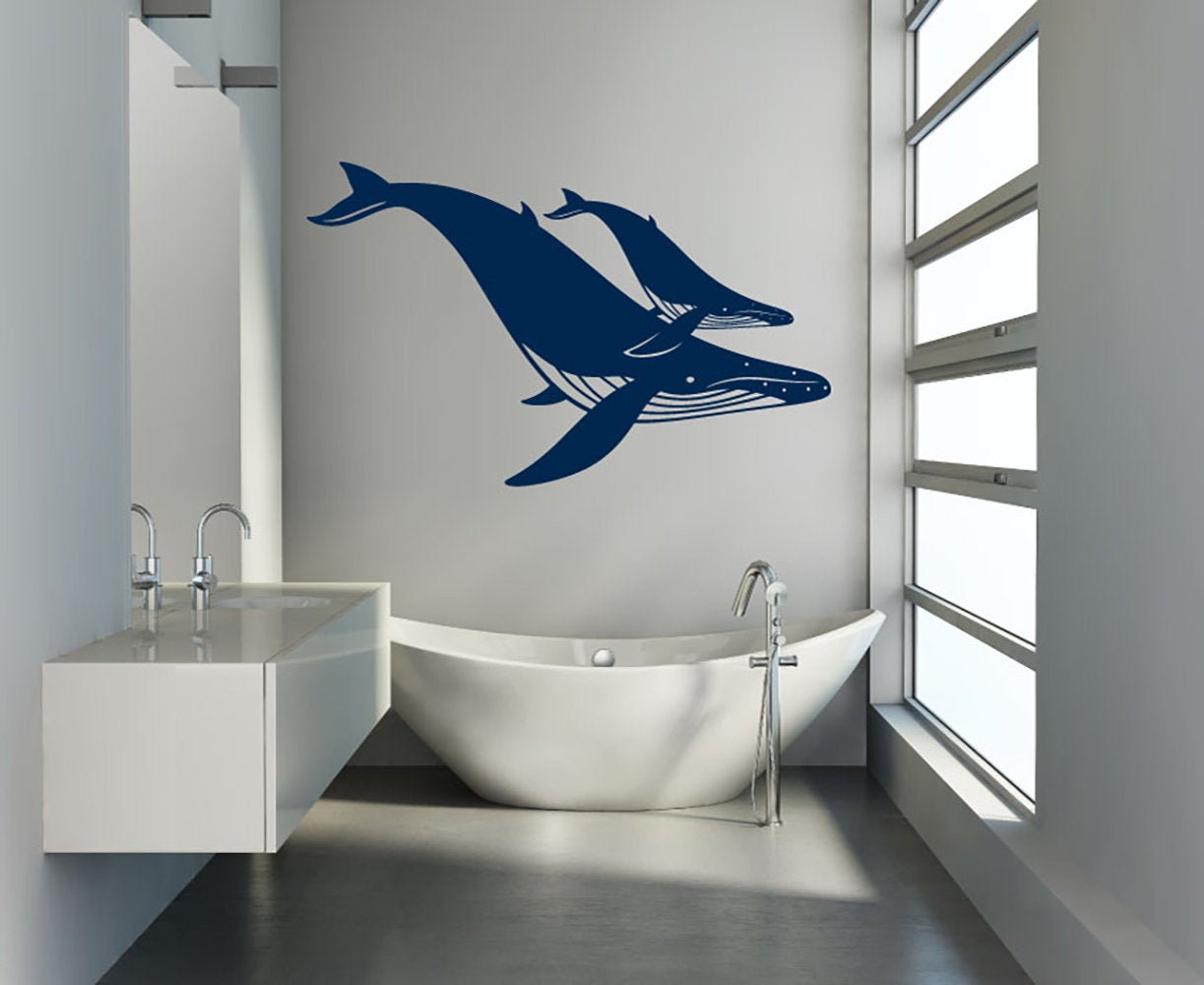 Humpback Whale Mom and Calf Silhouette Vinyl Home Decor Wall Decal