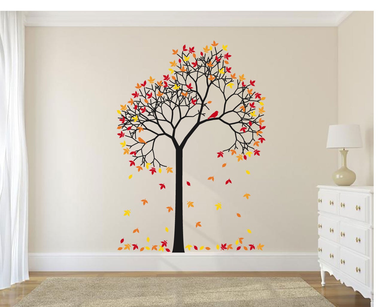 Autumn Tree Leaves and Birds Silhouette Vinyl Home Decor Wall Decal