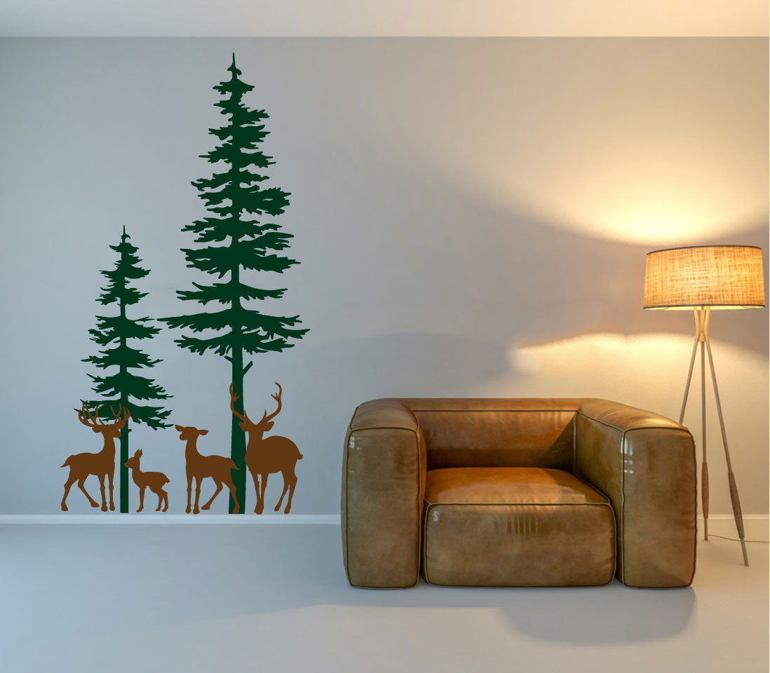 Deer and Spruce Pine Trees Forest Silhouette Vinyl Home Decor Wall Decal