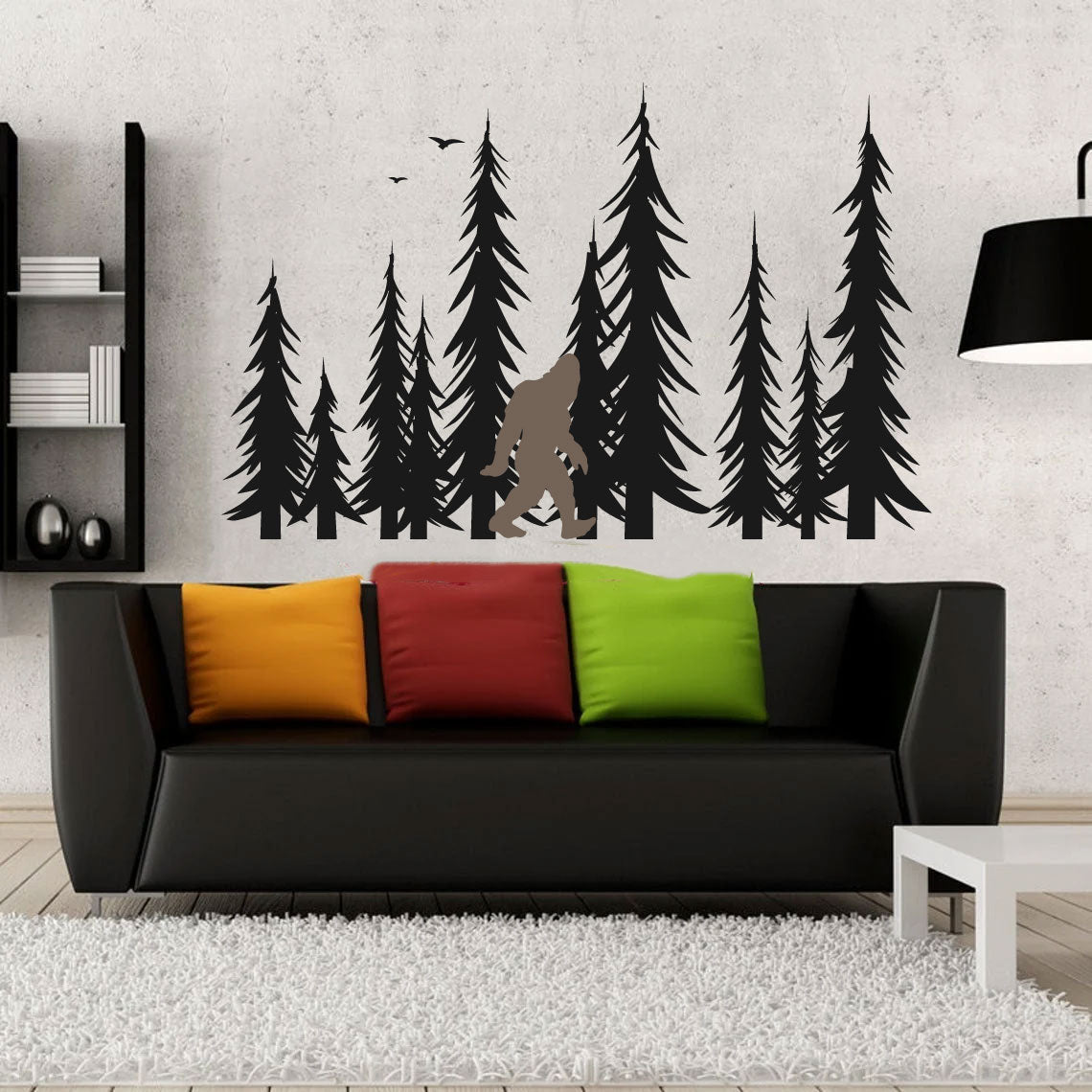 Bigfoot and Fir Pine Trees Silhouette Vinyl Wall Decal