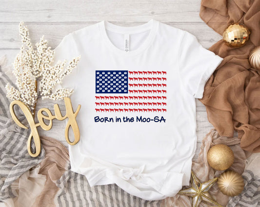 Cows American Flag Born In The Moo-SA Crew Neck T-Shirt