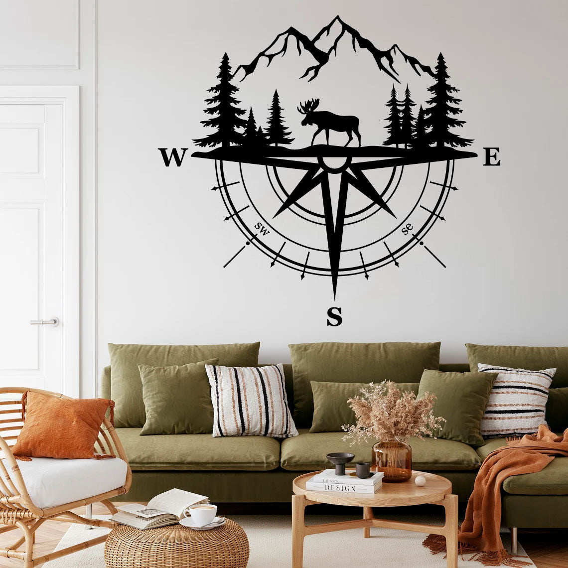 Moose Mountains and Pine Trees Compass Vinyl Wall Decal