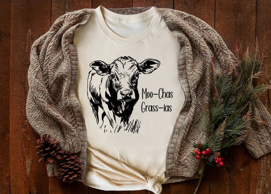 Moo-Chas Grass-ias Cow Crew Neck T-Shirt