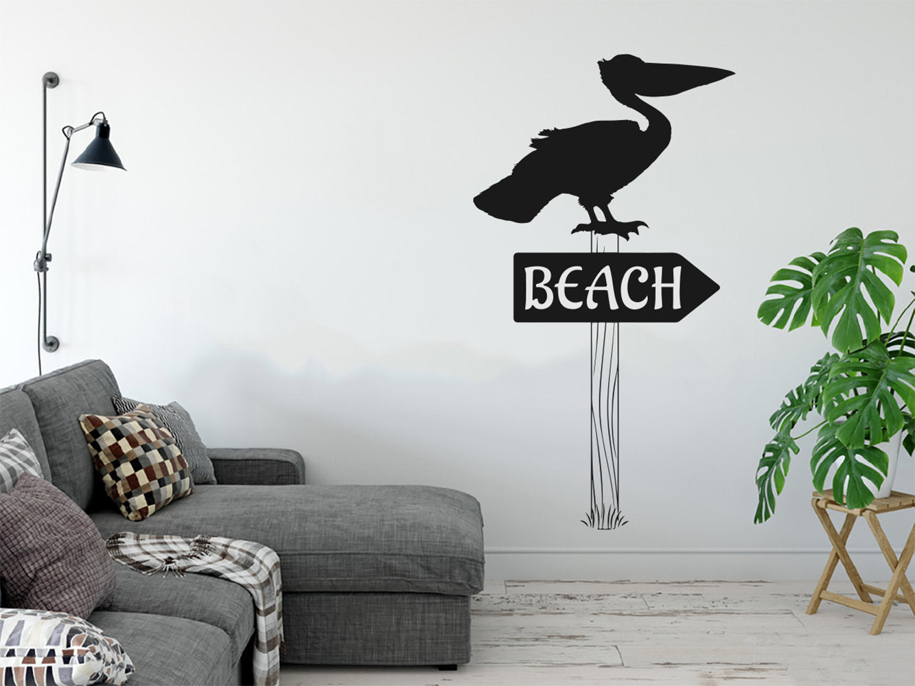 Tropical Pelican on Beach Sign Sea Post Silhouette Coastal Vinyl Home Decor Wall Decal 