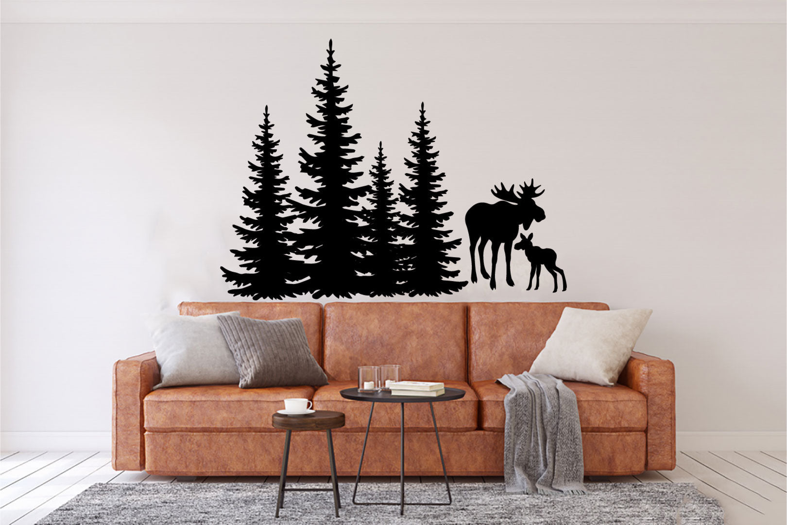 Moose and Calf Pine Evergreen Tree Forest Vinyl Home Decor Wall Decal 