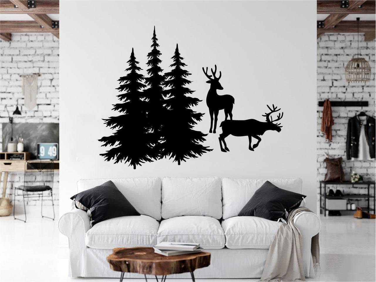 Deer Elk Pine Evergreen Tree Forest Vinyl Home Decor Wall Decal 