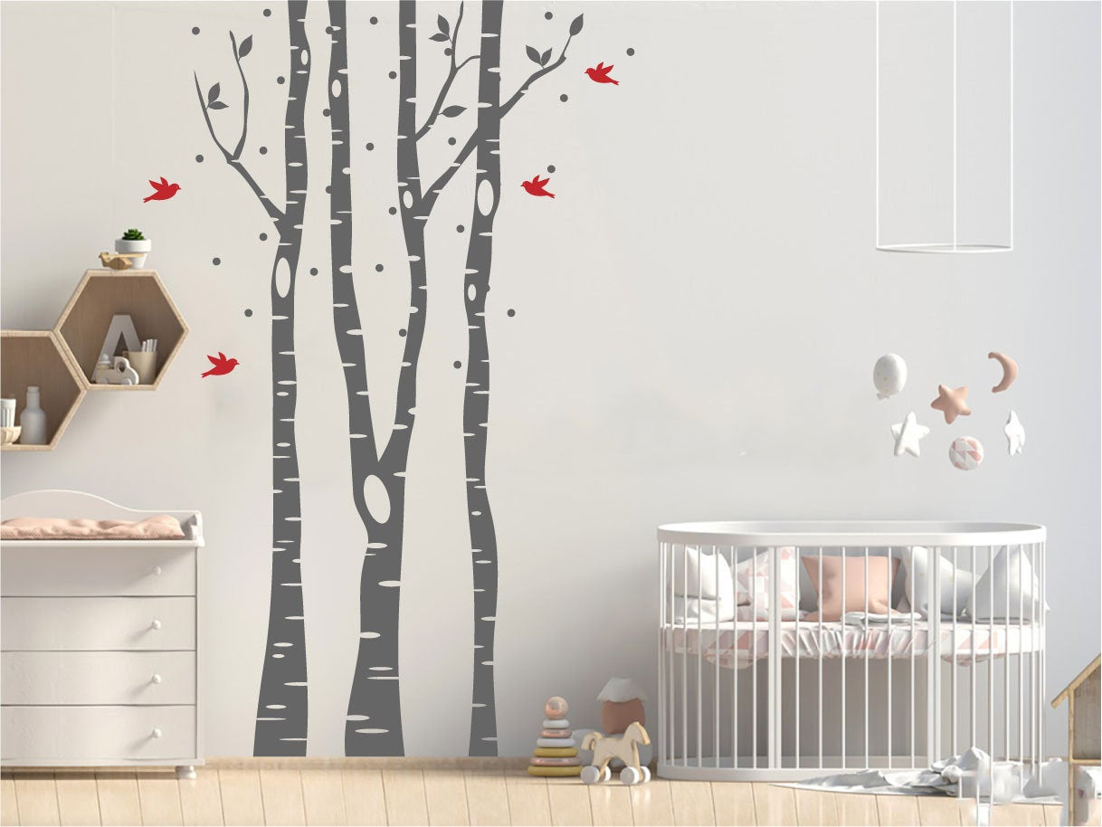 Winter Birch Trees and Birds Silhouette Vinyl Home Decor Wall Decal 