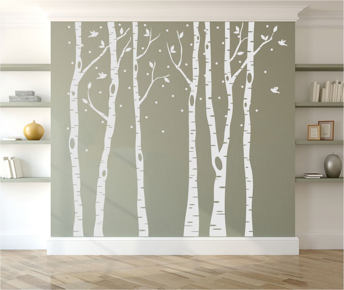 Winter Birch Trees and Birds Vinyl Home Decor Wall Decal 