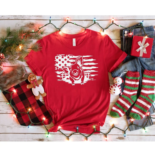 Pig American Flag Stars and Stripes Crew Neck T-Shirt
