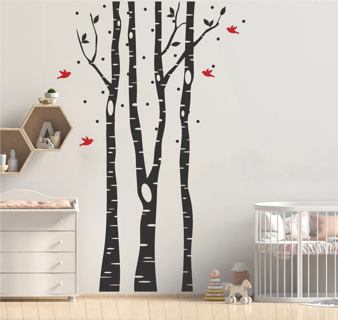 Winter Birch Trees and Birds Vinyl Wall Decal