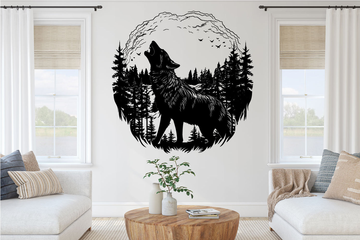 Wolf Howling Pine Trees Vinyl Wall Decal